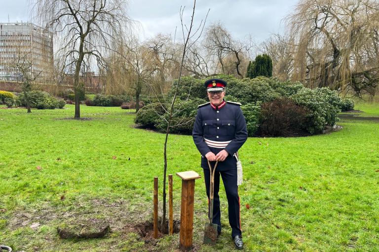 The Lord-Lieutenant with the planted oak tree.